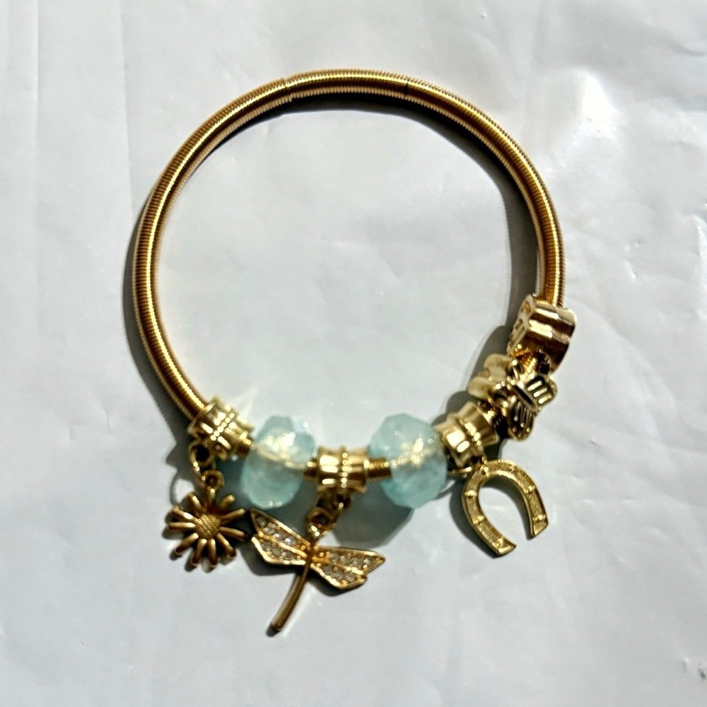 Gold Tone Bangle Charm Bracelet w/ Light Blue Beads Flower Dragonfly Horseshoe
